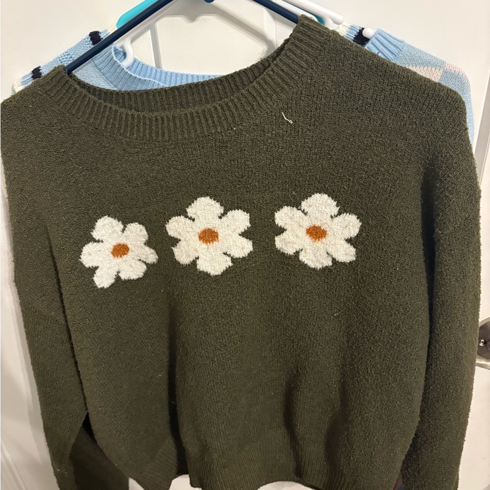 Hooked Up by IOT Dark Green Sweater with Floral Accents